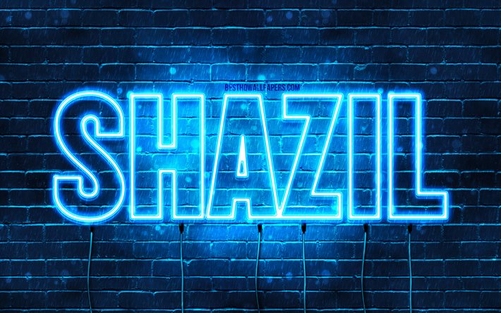 Shazil, 4k, fonds d&#39;&#233;cran avec des noms, nom Shazil, n&#233;ons bleus, joyeux anniversaire Shazil, noms masculins arabes populaires, photo avec nom Shazil