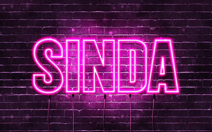 Sinda, 4k, fonds d&#39;&#233;cran avec noms, noms f&#233;minins, nom Sinda, n&#233;ons violets, joyeux anniversaire Sinda, noms f&#233;minins arabes populaires, photo avec nom Sinda