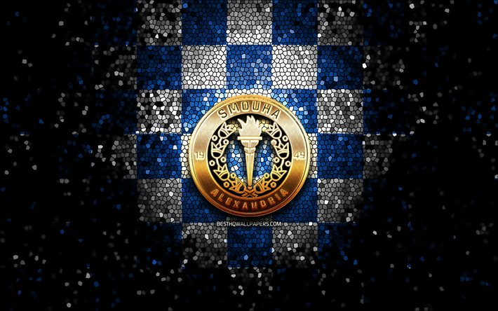 Smouha FC, glitter logo, Egyptian Premier League, blue white checkered background, EPL, soccer, egyptian football club, Smouha logo, mosaic art, football, FC Smouha