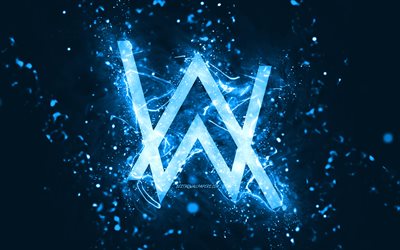 Logotipo azul de Alan Walker, 4k, DJs noruegueses, luzes de n&#233;on azuis, criativo, fundo abstrato azul, Alan Olav Walker, logotipo de Alan Walker, estrelas da m&#250;sica, Alan Walker
