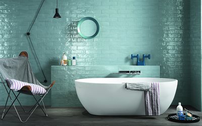 elegante design de interiores de banheiro, paredes turquesa do banheiro, design interior moderno, banheiro, azulejos turquesa do banheiro