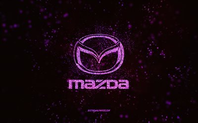 Logotipo com glitter da Mazda, 4k, fundo preto, logotipo da Mazda, arte com glitter roxo, Mazda, arte criativa, logotipo com glitter roxo da Mazda