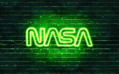 NASA green logo, 4k, green brickwall, NASA logo, fashion brands, NASA neon logo, NASA