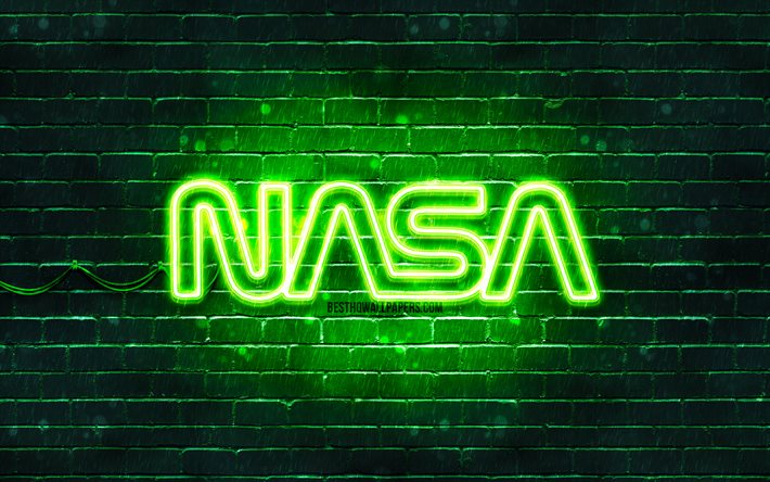 Logo verde della NASA, 4k, muro di mattoni verde, logo della NASA, marchi di moda, logo neon della NASA, NASA