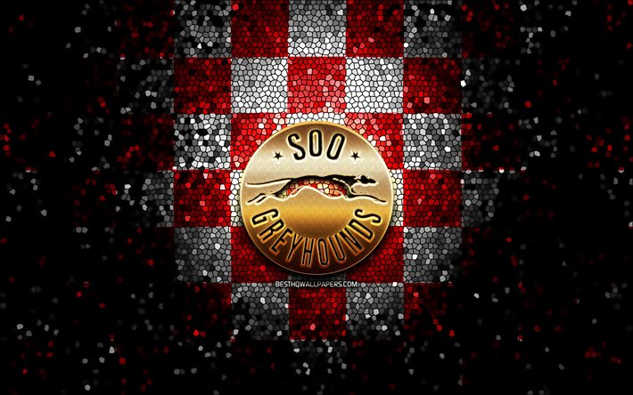 Soo Greyhounds, glitter logo, OHL, red white checkered background, hockey, canadian hockey team, Soo Greyhounds logo, mosaic art, Canada