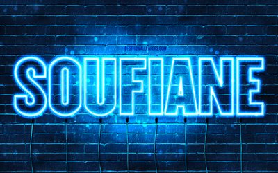 Soufiane, 4k, 名前の壁紙, Soufianeの名前, 青いネオンライト, お誕生日おめでとうSoufiane, 人気のあるアラビア語の男性の名前, Soufianeの名前の写真