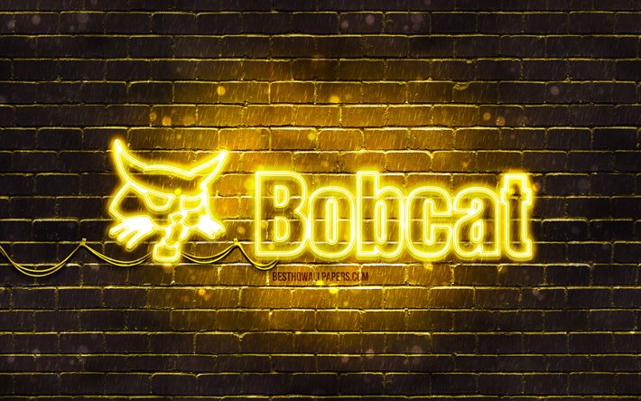 Bobcat keltainen logo, 4k, keltainen tiilisein&#228;, Bobcat-logo, tuotemerkit, Bobcat-neon-logo, Bobcat