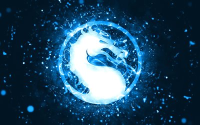 Mortal Kombat blue logo, 4k, blue neon lights, creative, blue abstract background, Mortal Kombat logo, online games, Mortal Kombat