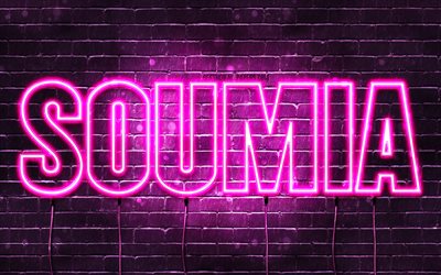 Soumia, 4k, fonds d&#39;&#233;cran avec des noms, noms f&#233;minins, nom Soumia, n&#233;ons violets, joyeux anniversaire Soumia, noms f&#233;minins arabes populaires, photo avec nom Soumia