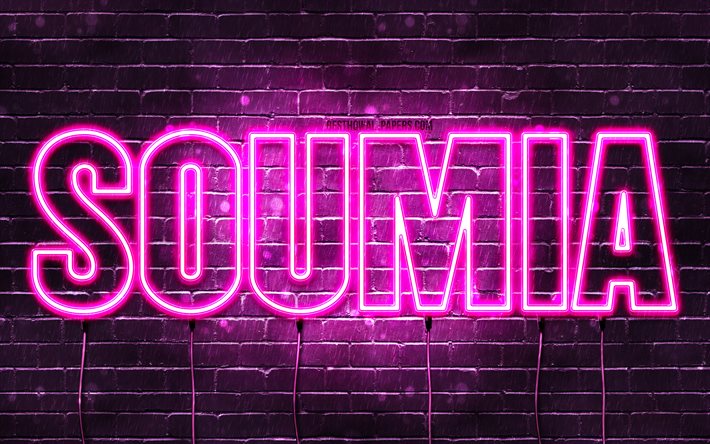 Soumia, 4k, bakgrundsbilder med namn, kvinnliga namn, Soumia namn, lila neonljus, Grattis p&#229; f&#246;delsedagen Soumia, popul&#228;ra arabiska kvinnliga namn, bild med Soumia namn