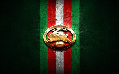 South Sydney Rabbitohs, golden logo, National Rugby League, green metal background, australian rugby club, South Sydney Rabbitohs logo, rugby, NRL