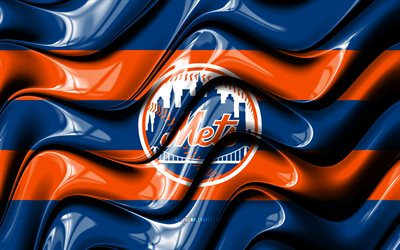 New York Mets flag, 4k, blue and orange 3D waves, MLB, american baseball team, New York Mets logo, baseball, New York Mets, NY Mets