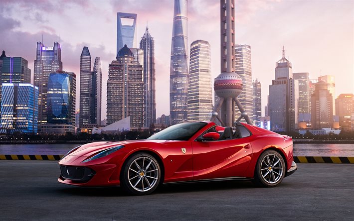Ferrari 812 GTS, 2021, vue de face, ext&#233;rieur, coup&#233; sport rouge, nouveau rouge 812 GTS, Shanghai, Oriental Pearl Tower, Ferrari, paysage urbain de Shanghai