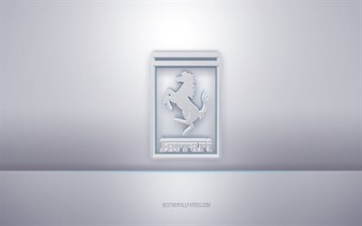 Ferrari 3d valkoinen logo, harmaa tausta, Ferrari logo, luova 3d taide, Ferrari, 3d tunnus