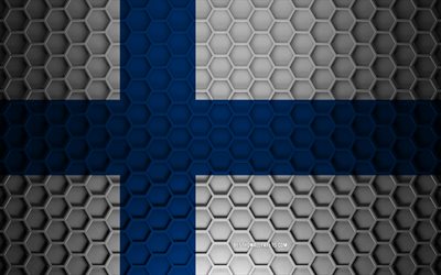 Drapeau de la Finlande, texture des hexagones 3d, Finlande, texture 3d, drapeau de la Finlande 3d, texture en m&#233;tal, drapeau de la Finlande