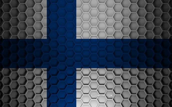 Drapeau de la Finlande, texture des hexagones 3d, Finlande, texture 3d, drapeau de la Finlande 3d, texture en m&#233;tal, drapeau de la Finlande