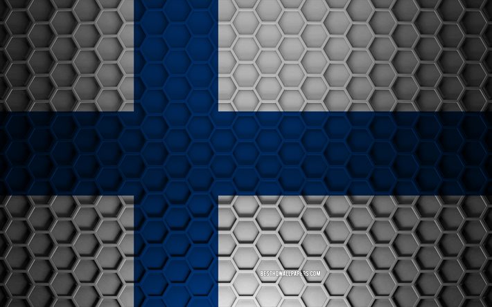 Bandeira da Finl&#226;ndia, textura de hex&#225;gonos 3D, Finl&#226;ndia, textura 3D, Bandeira da Finl&#226;ndia 3D, textura de metal