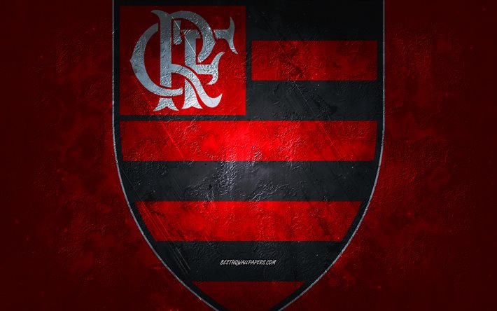 Flamengo RJ, sele&#231;&#227;o brasileira de futebol, fundo vermelho, logotipo do Flamengo RJ, arte grunge, S&#233;rie A, Brasil, futebol, emblema do Flamengo