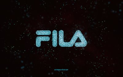 Logo de paillettes Fila, 4k, fond noir, logo Fila, art bleu paillettes, Fila, art cr&#233;atif, logo Fila bleu paillettes