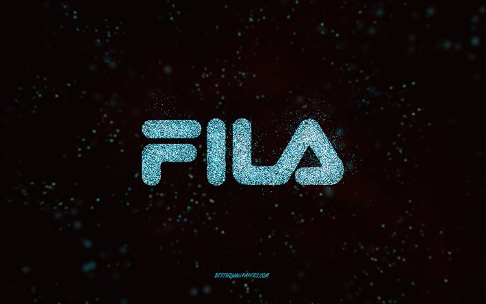 Fila logo glitter, 4k, sfondo nero, logo Fila, blu glitter art, Fila, creative art, Fila blu glitter logo