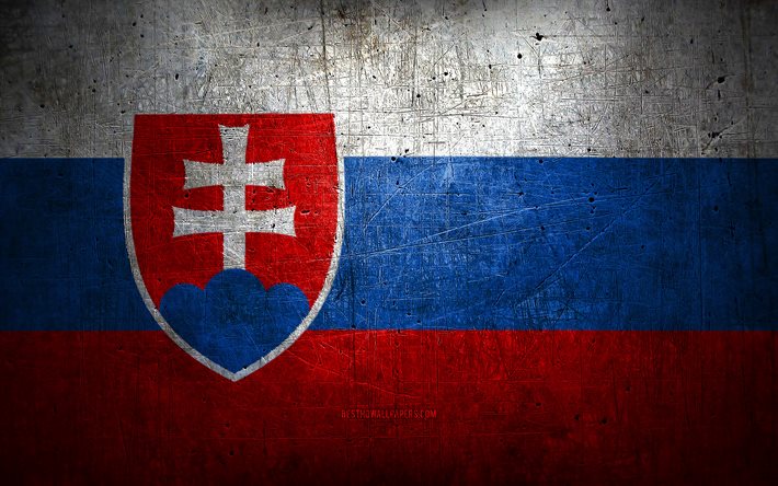 Slovakisk metallflagga, grungekonst, Europeiska l&#228;nder, Slovakiens dag, nationella symboler, Slovakiens flagga, metallflaggor, Europa, Slovakien