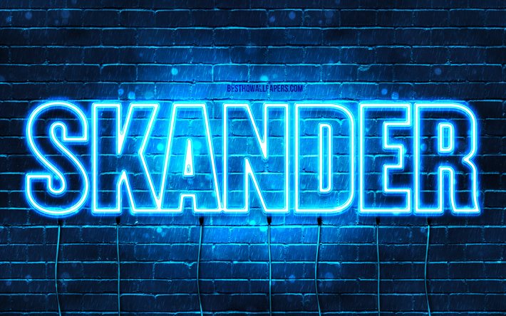 Skander, 4k, sfondi con nomi, nome Skander, luci al neon blu, buon compleanno Skander, nomi maschili arabi popolari, foto con nome Skander