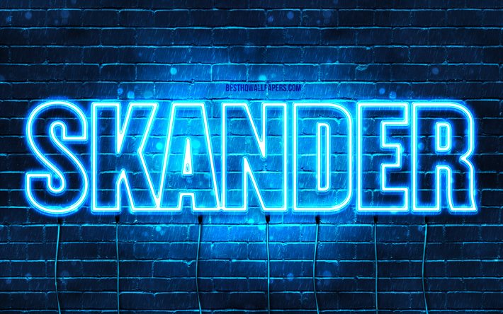 skander, 4k, hintergrundbilder mit namen, skander-name, blaue neonlichter, happy birthday skander, beliebte arabische m&#228;nnliche namen, bild mit skander-namen