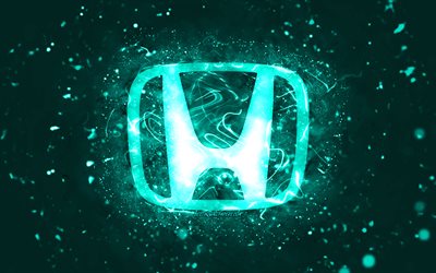 Logo Honda turquoise, 4k, n&#233;ons turquoise, cr&#233;atif, fond abstrait turquoise, logo Honda, marques de voitures, Honda