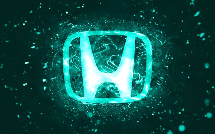 Honda turquoise logo, 4k, turquoise neon lights, creative, turquoise abstract background, Honda logo, cars brands, Honda