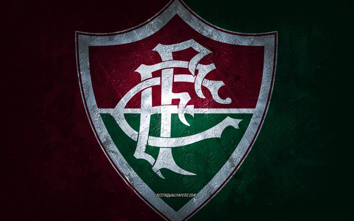 Fluminense FC, squadra di calcio Brasiliana, sfondo bordeaux, logo Fluminense FC, grunge, Serie A, Brasile, calcio, emblema Fluminense FC