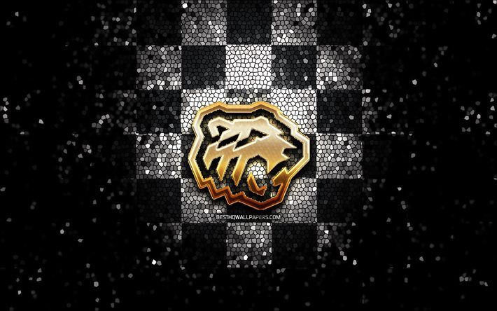 HC Tractor, glitter logo, KHL, black white checkered background, hockey, Kontinental Hockey League, Tractor Chelyabinsk logo, mosaic art, russian hockey team, Tractor Chelyabinsk