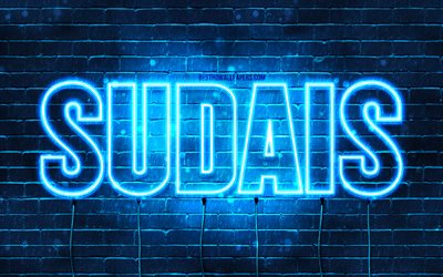 Sudais, 4k, pap&#233;is de parede com nomes, nome Sudais, luzes de n&#233;on azuis, Happy Birthday Sudais, nomes masculinos &#225;rabes populares, imagem com o nome Sudais
