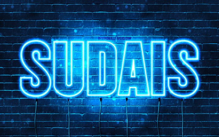 Sudais, 4k, fonds d&#39;&#233;cran avec des noms, nom Sudais, n&#233;ons bleus, joyeux anniversaire Sudais, noms masculins arabes populaires, photo avec nom Sudais
