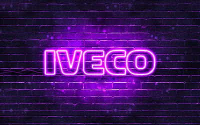 Logotipo Iveco violeta, 4k, parede de tijolos violeta, logotipo Iveco, marcas de autom&#243;veis, logotipo Iveco neon, Iveco