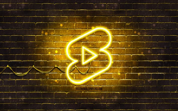 Youtube şort sarı logo, 4k, sarı neon ışıklar, yaratıcı, sarı soyut arka plan, Youtube şort logosu, sosyal ağ, Youtube şort