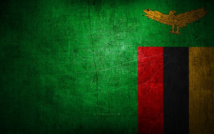 Zambians metallflagga, grungekonst, afrikanska l&#228;nder, Zambias dag, nationella symboler, Zambias flagga, metallflaggor, Afrika, Zambia