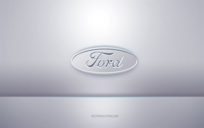 Ford logo bianco 3d, sfondo grigio, logo Ford, arte creativa 3d, Ford, emblema 3d