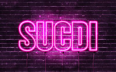Sucdi, 4k, pap&#233;is de parede com nomes, nomes femininos, nome Sucdi, luzes de n&#233;on roxas, Feliz Anivers&#225;rio Sucdi, nomes femininos &#225;rabes populares, imagem com o nome Sucdi