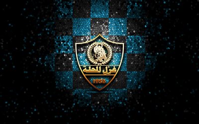 Ghazl El Mahalla SC, glitter logo, Egyptian Premier League, blue black checkered background, EPL, soccer, egyptian football club, Ghazl El Mahalla logo, mosaic art, football, Ghazl El Mahalla FC