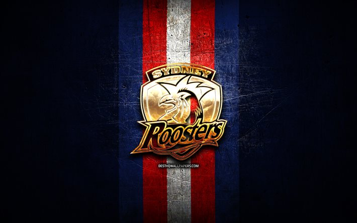 Sydney Roosters, logo dorato, National Rugby League, sfondo blu in metallo, club australiano di rugby, logo Sydney Roosters, rugby, NRL