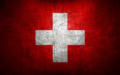 Swiss metal flag, grunge art, European countries, Day of Switzerland, national symbols, Switzerland flag, metal flags, Flag of Switzerland, Europe, Swiss flag, Switzerland