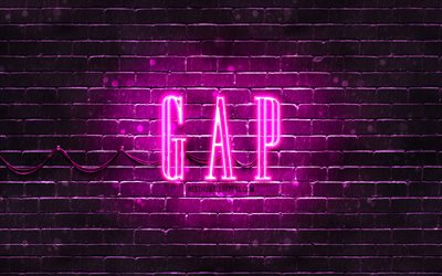 Logotipo roxo GAP, 4k, parede de tijolos roxa, logotipo GAP, marcas de moda, logotipo n&#233;on GAP, GAP