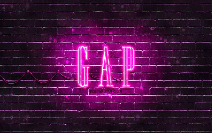Logo violet GAP, 4k, mur de briques violet, logo GAP, marques de mode, logo n&#233;on GAP, GAP