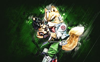 Fox McCloud, &#214;l&#252;m Savaşı, kahramanı, &#214;l&#252;m Savaşı karakterleri, Fox McCloud karakteri, grunge sanatı, yeşil taş arka plan, Fox McCloud &#214;l&#252;m Savaşı