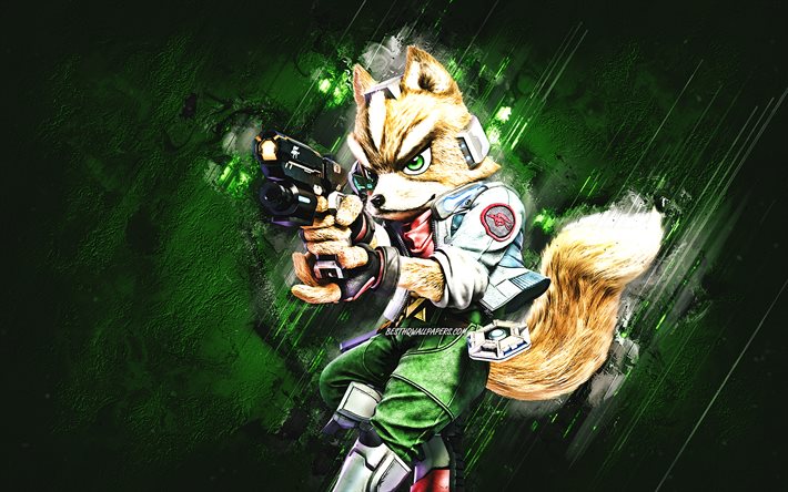 Fox McCloud, Death Battle, protagonista, personagens de Death Battle, personagem Fox McCloud, arte grunge, fundo de pedra verde, Fox McCloud Death Battle