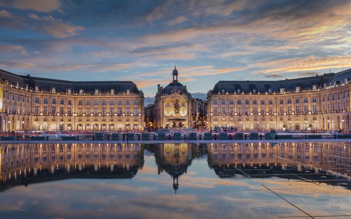Place de la Bourse, Bordeaux, Miroir deau, sera, tramonto, punto di riferimento, paesaggio urbano di Bordeaux, Francia