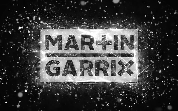 Martin Garrix white logo, 4k, dutch DJs, white neon lights, creative, black abstract background, Martijn Gerard Garritsen, Martin Garrix logo, music stars, Martin Garrix
