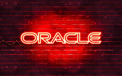 Oracle logo rosso, 4k, muro di mattoni rosso, logo Oracle, marchi, logo Oracle neon, Oracle
