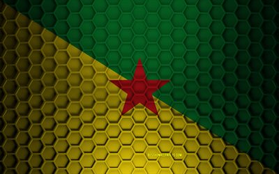 French Guiana flag, 3d hexagons texture, French Guiana, 3d texture, French Guiana 3d flag, metal texture, flag of French Guiana