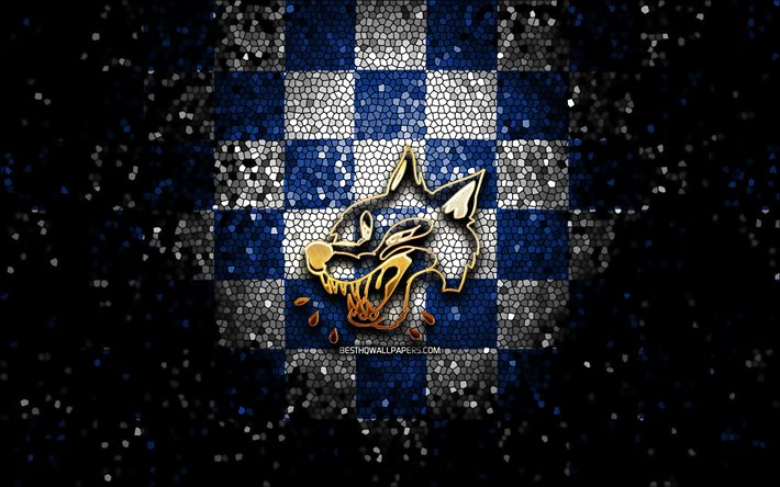 Sudbury Wolves, logotipo com glitter, OHL, fundo xadrez branco azul, h&#243;quei, time canadense de h&#243;quei, logotipo do Sudbury Wolves, arte em mosaico, Canad&#225;